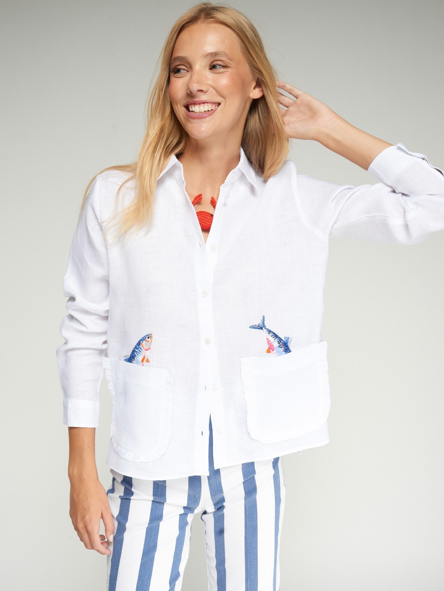 Camisa Lino VILAGALLO Bordado Peces