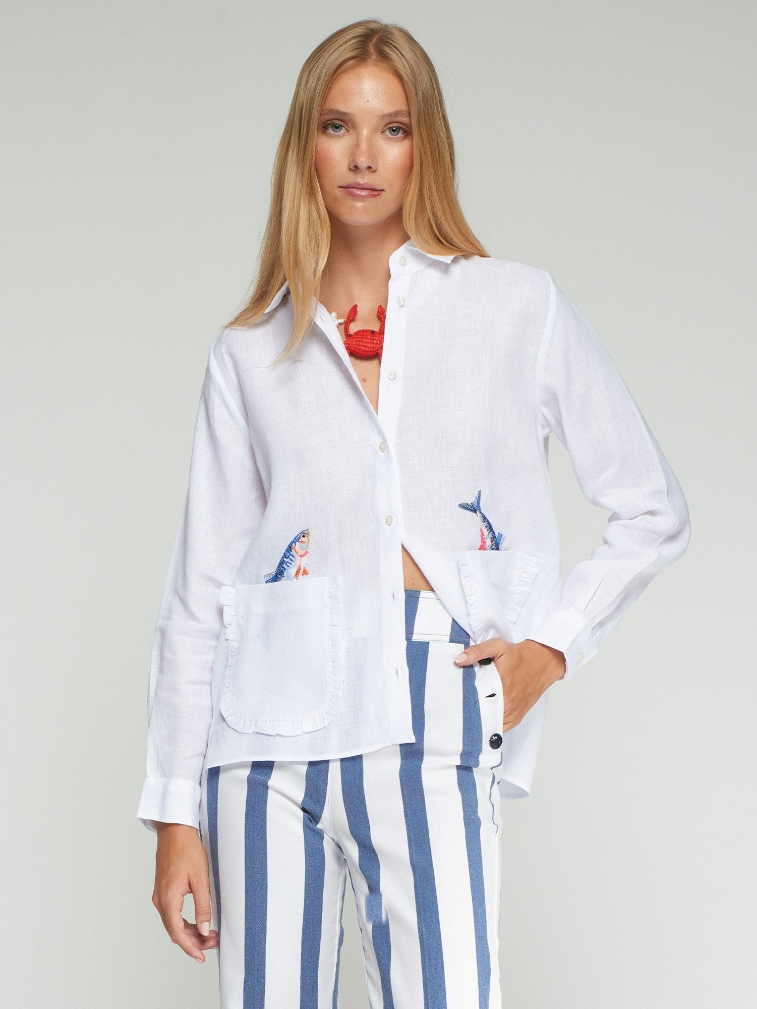 Camisa Lino VILAGALLO Bordado Peces