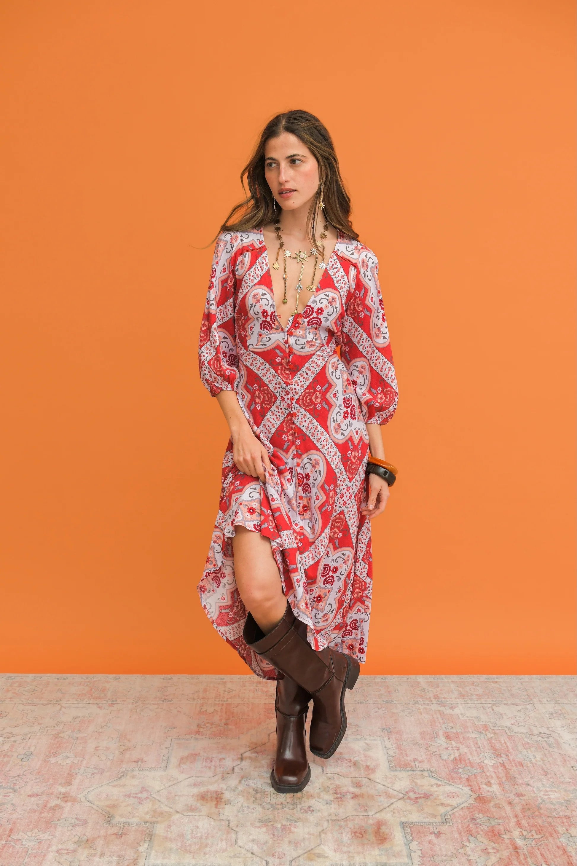 Vestido Midi JAASE Rosa Print Lenni ROJO