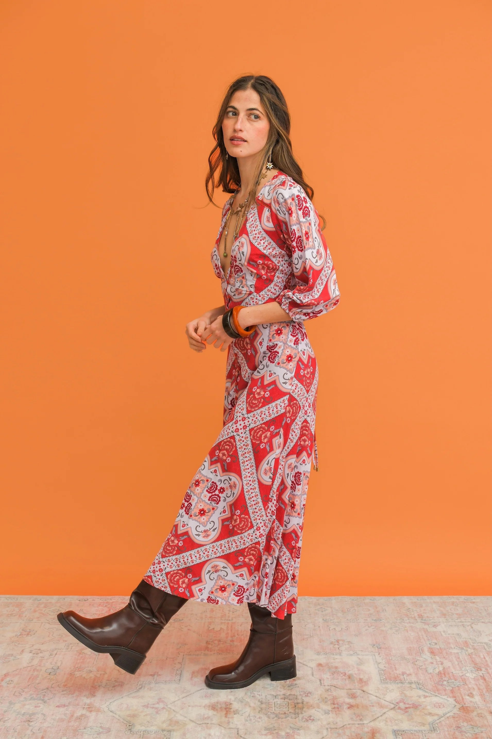 Vestido Midi JAASE Rosa Print Lenni ROJO