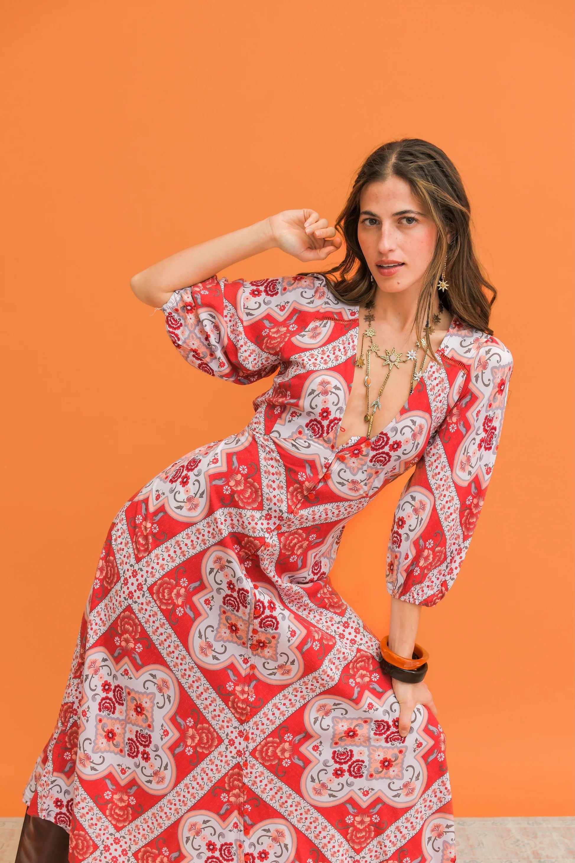 Vestido Midi JAASE Rosa Print Lenni ROJO