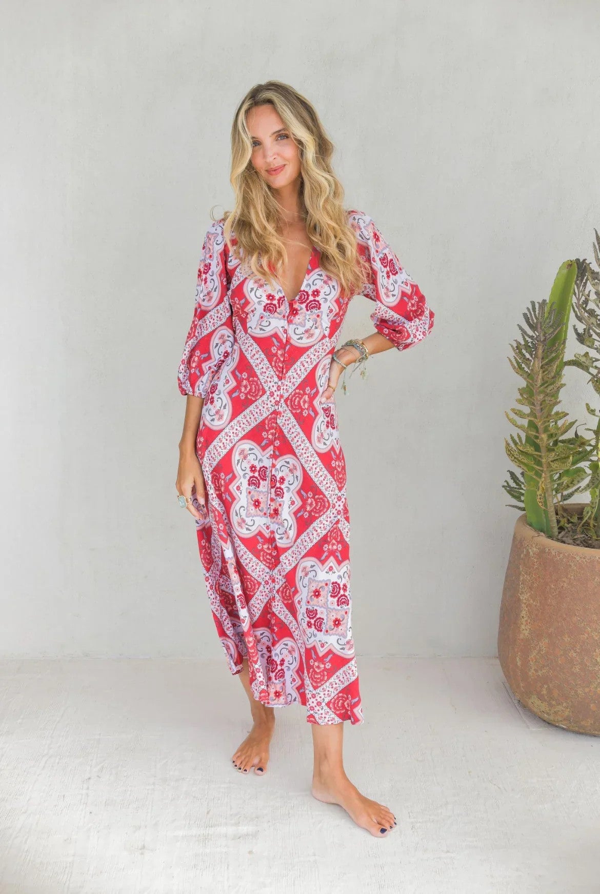 Vestido Midi JAASE Rosa Print Lenni ROJO