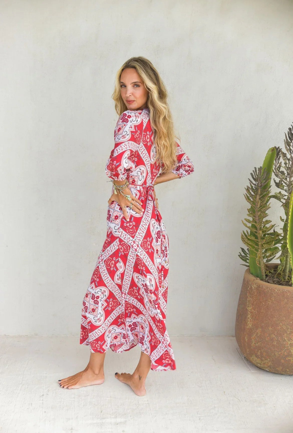 Vestido Midi JAASE Rosa Print Lenni ROJO